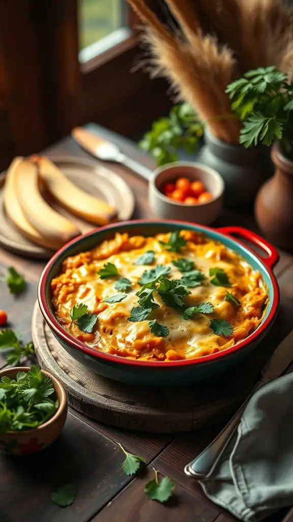 A baked enchilada casserole with green cilantro on top, served in a red dish.