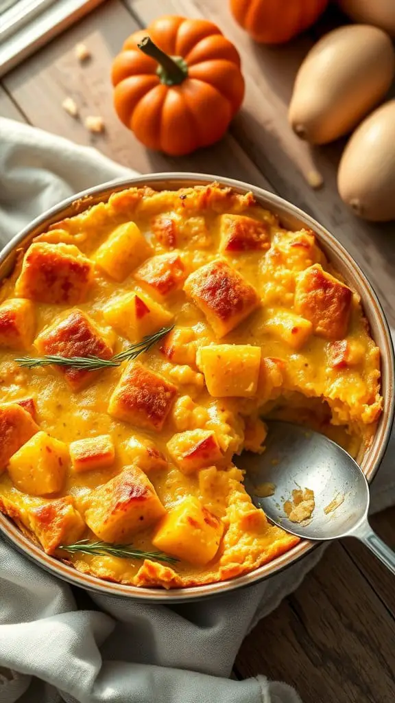 Creamy squash and cornbread casserole in a round baking dish