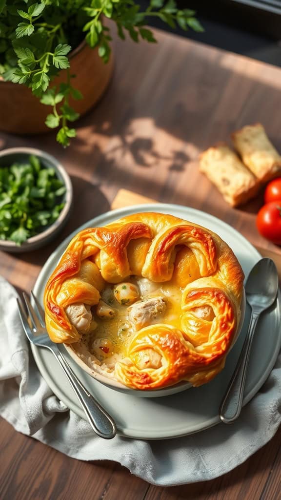 A bowl of chicken pot pie with flaky crescent roll crust