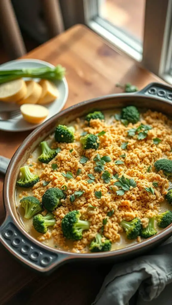 A delicious crispy broccoli casserole with panko breadcrumbs on top.