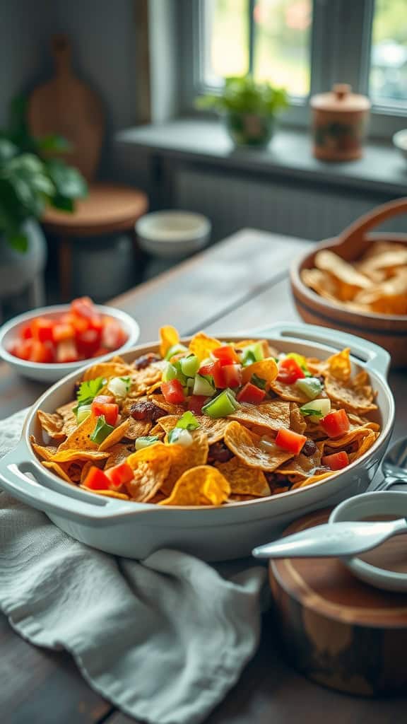 A delicious Crispy Taco Bake with layers of beef, beans, cheese, and topped with crushed tortilla chips