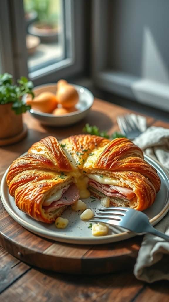 A delicious Croissant Breakfast Casserole with ham and cheese.