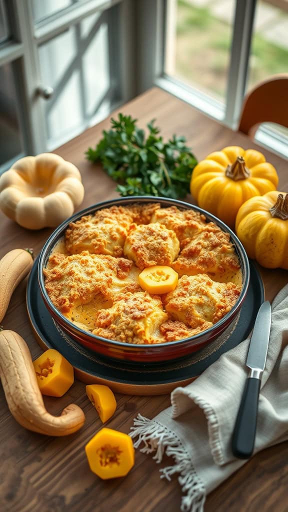 A deliciously baked squash casserole topped with a crunchy cracker layer, presented in a rustic dish.