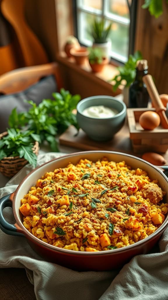 A delicious curried chicken and squash rice casserole served in a baking dish