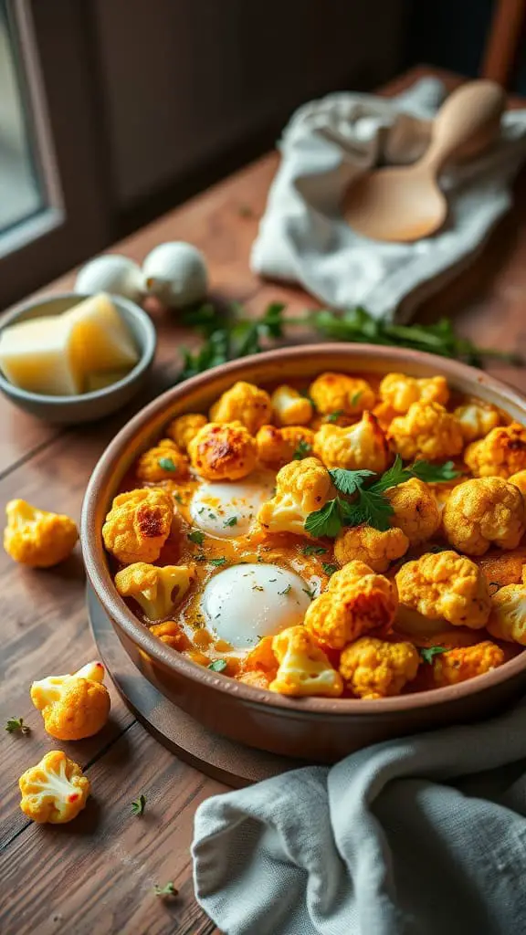 Curry-Spiced Egg and Cauliflower Casserole with roasted cauliflower and eggs.