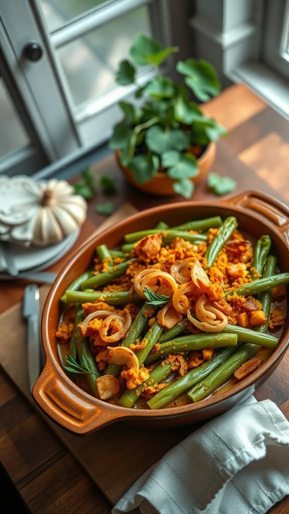 Curry-Spiced Green Bean Casserole with crispy fried onions on top