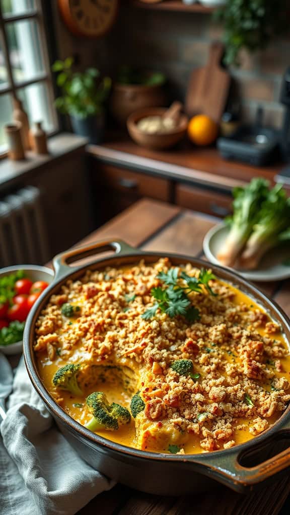 A delicious curry chicken broccoli casserole topped with breadcrumbs and garnished with cilantro.