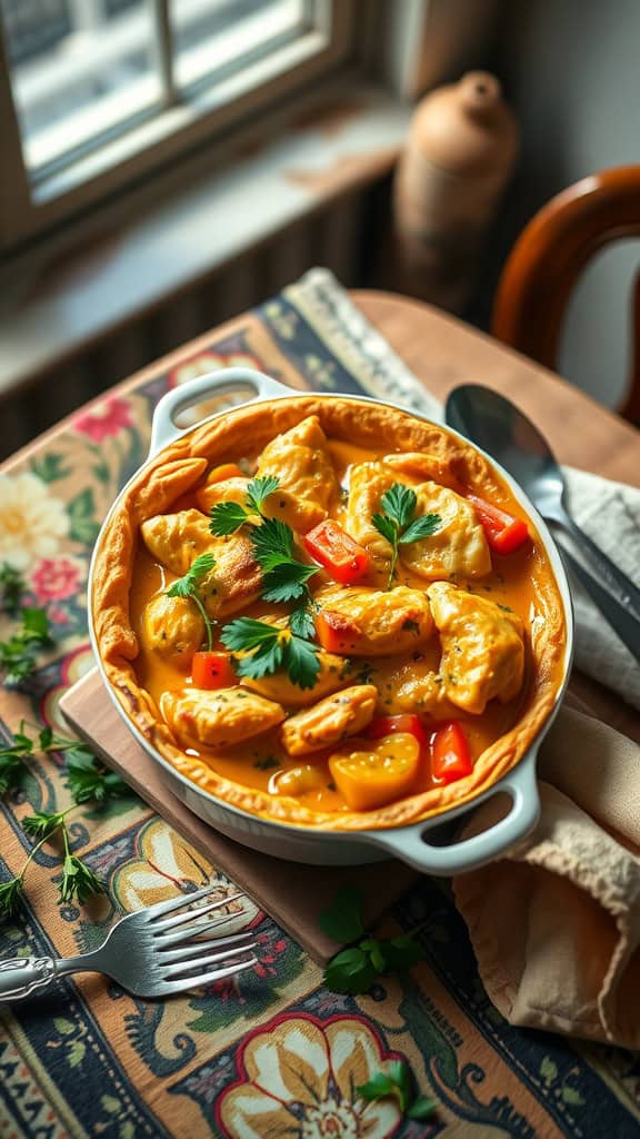 A bowl of curry chicken pot pie casserole, garnished with cilantro.