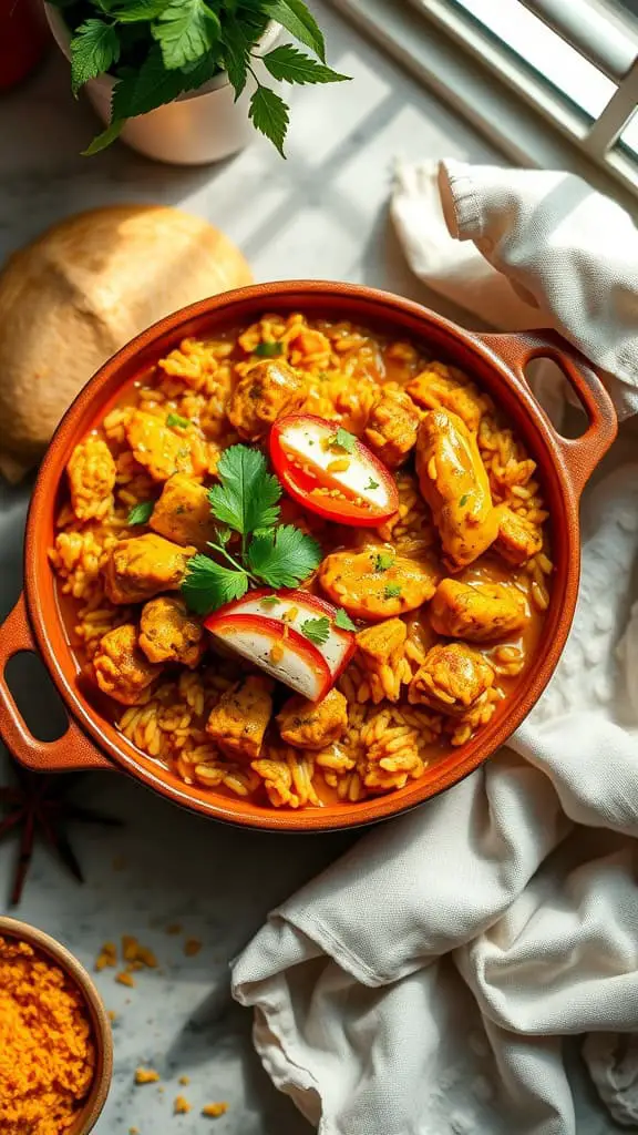 A delicious curry chicken rice casserole with spices and coconut milk.