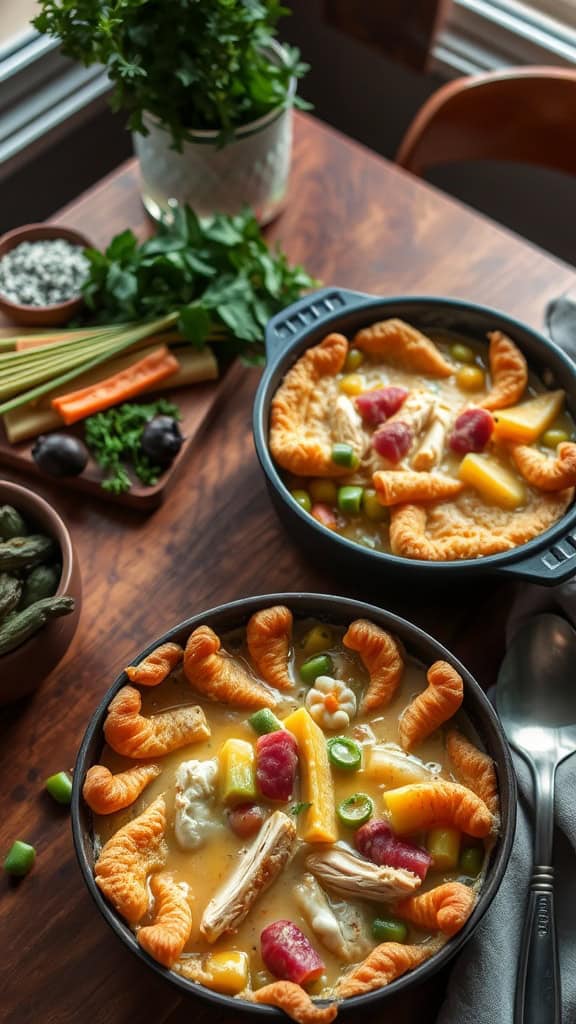 A dairy-free chicken pot pie casserole with a golden topping and colorful vegetables