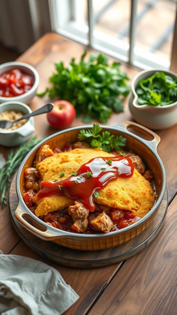 A delicious BBQ chicken casserole with cornbread topping.