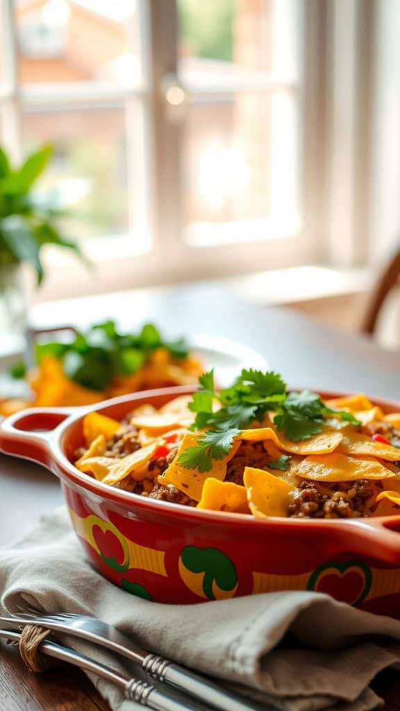 A delicious cheesy taco casserole made with ground beef, tortilla chips, and topped with cheese.