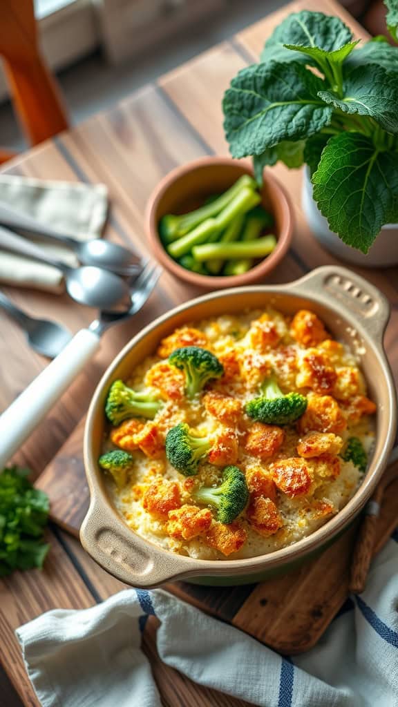 A delicious serving of creamy broccoli casserole topped with breadcrumbs.