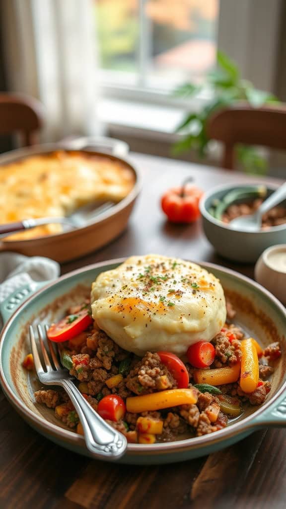 A delicious shepherd's pie casserole with mashed potatoes and a savory meat and vegetable filling.