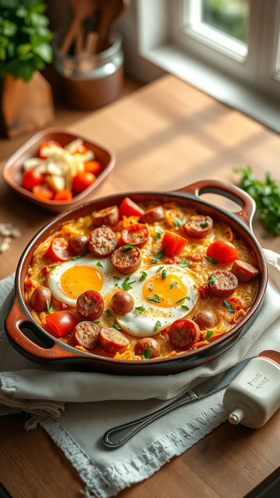 A hearty breakfast casserole with eggs, sausage, hash browns, and cheese, ready to serve.