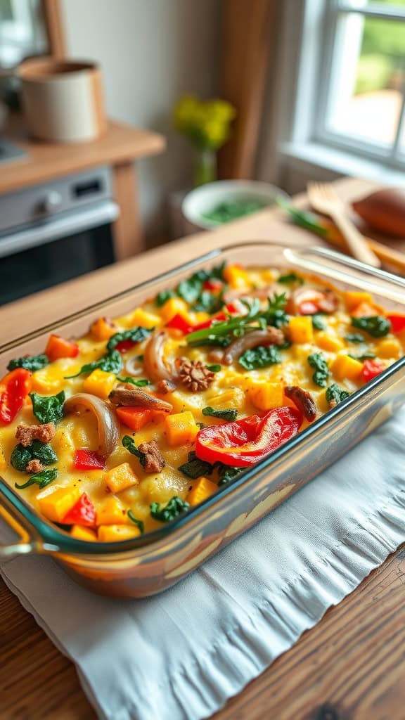 A colorful egg white and veggie breakfast casserole with bell peppers, spinach, and onions.