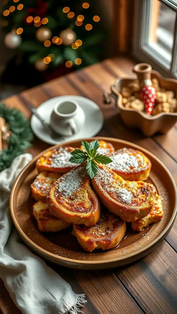 A delicious platter of Eggnog French Toast Casserole, garnished with powdered sugar and fresh mint.