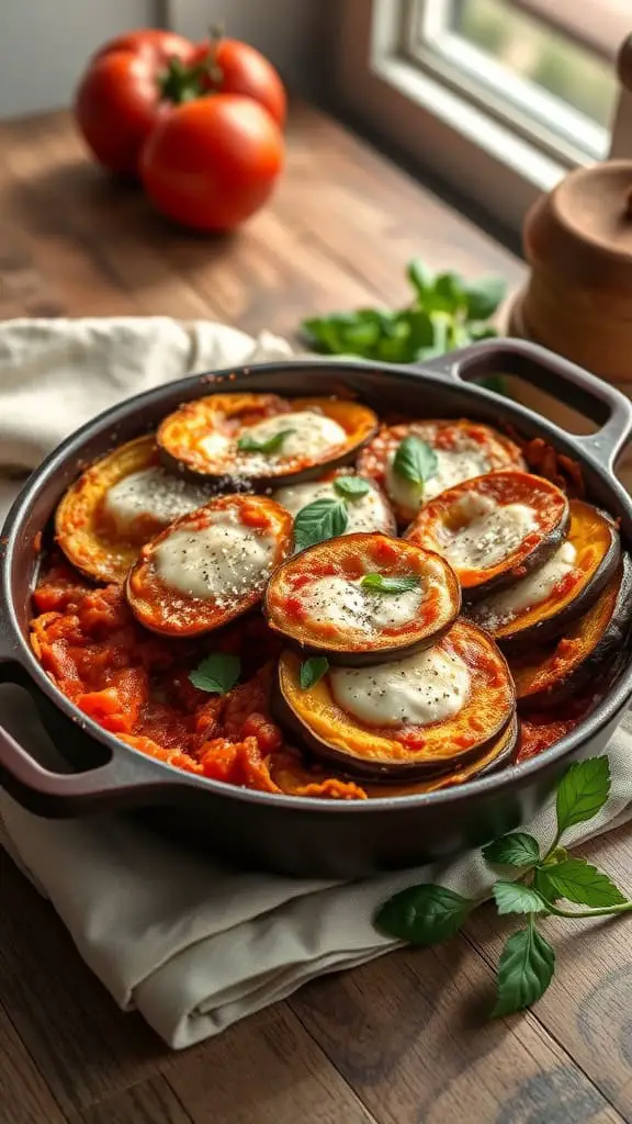 Eggplant Parmesan Casserole with eggplant slices, marinara sauce, and melted cheese.