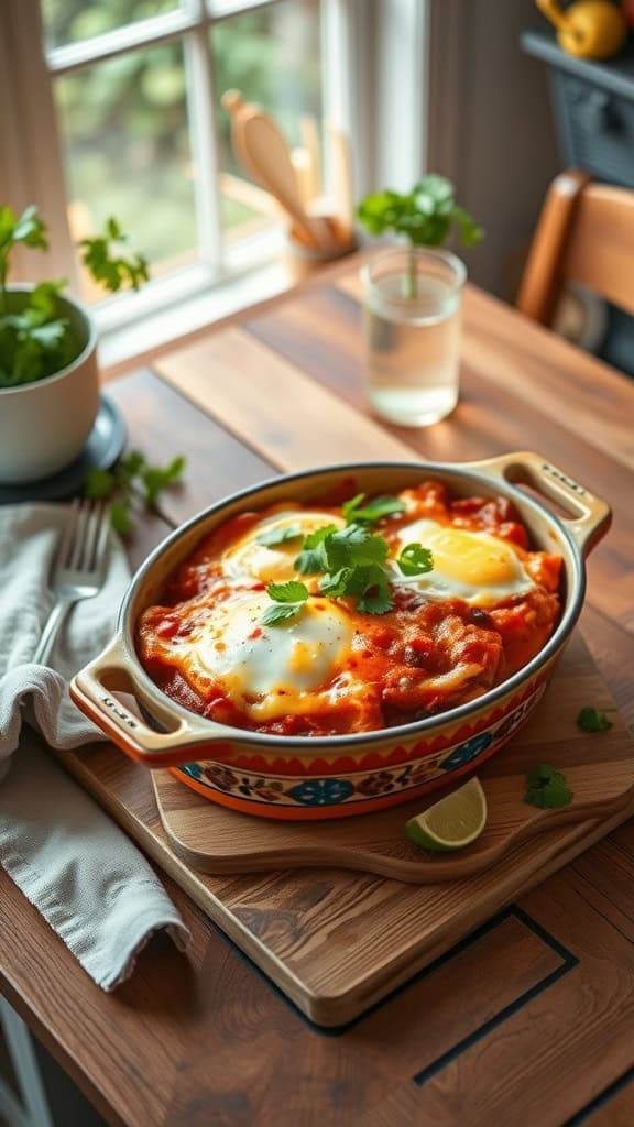 A colorful Enchilada Breakfast Bake featuring eggs and chorizo.