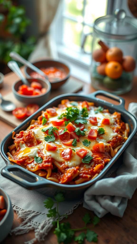 A deliciously layered enchilada casserole with tortillas, sauce, and cheese.