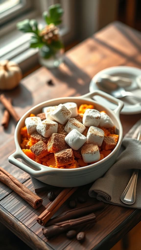 Espresso-Infused Sweet Potato Casserole with marshmallows and cocoa dusted topping