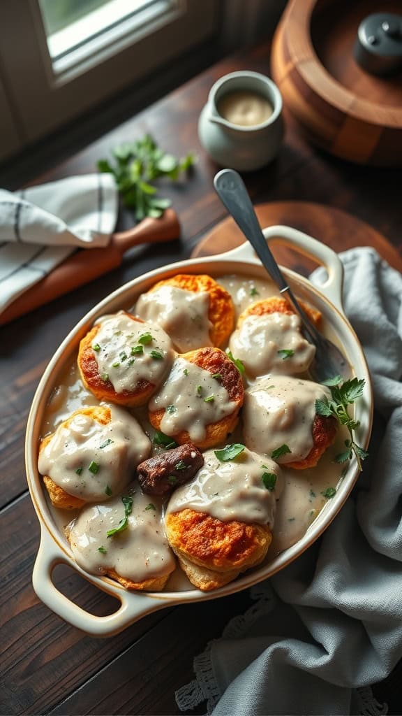 A delicious Everything Bagel Biscuit Gravy Bake topped with creamy gravy and garnished with parsley, perfect for breakfast.