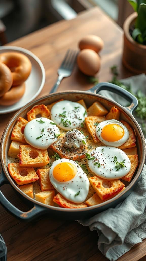 A delicious breakfast casserole featuring bagels, cream cheese, and eggs, garnished with herbs.