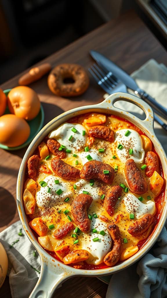 A savory breakfast casserole with bagels, cream cheese, and seasoning, garnished with chives.