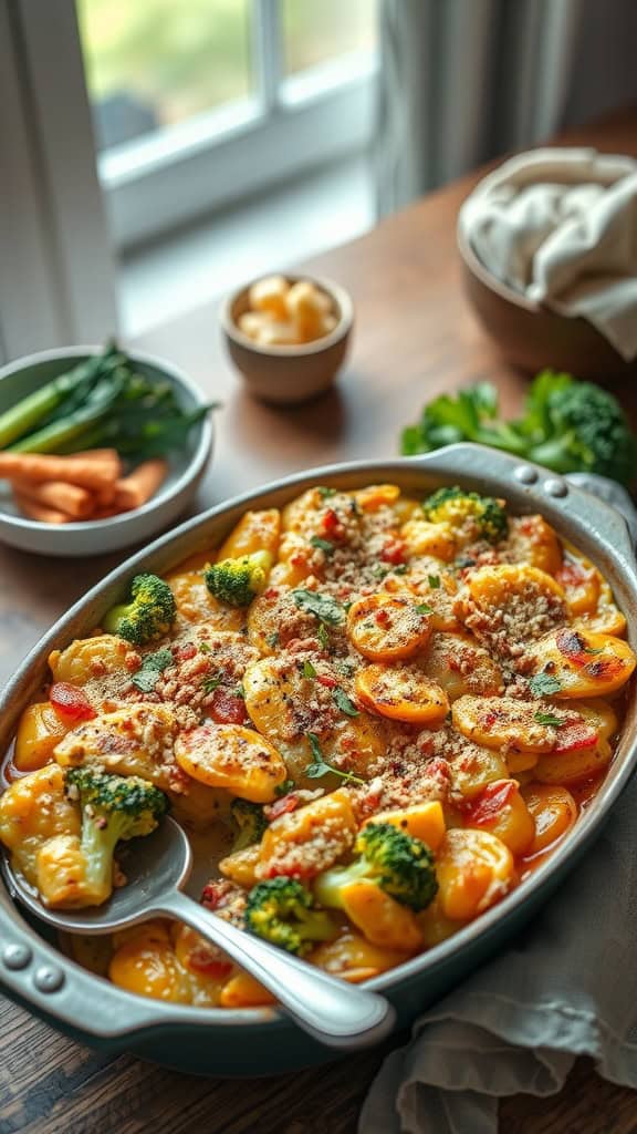 A delicious casserole dish featuring chicken, broccoli, and everything bagel seasoning.