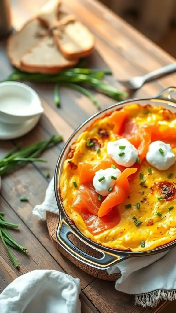 A delicious Everything Bagel Egg Casserole with smoked salmon and cream cheese