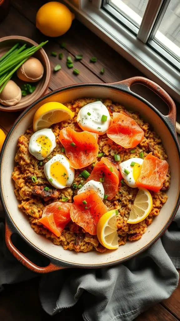 A flavorful breakfast casserole featuring hashbrowns, cream cheese, smoked salmon, and everything bagel seasoning.