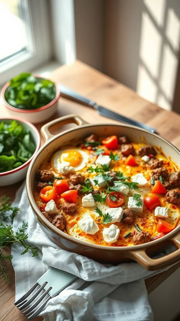 A delicious Farmers Market Veggie Casserole with eggs, goat cheese, and colorful vegetables