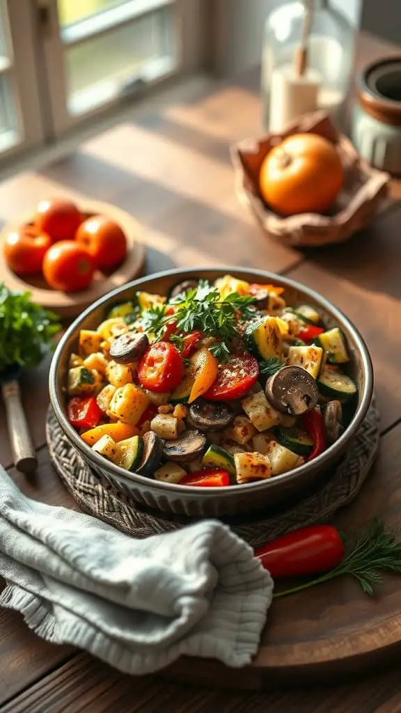 A colorful veggie hashbrown casserole with zucchini, mushrooms, and bell peppers.