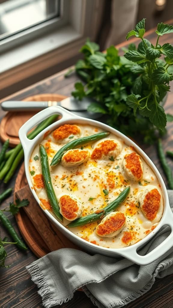 A delicious green bean gratin with a creamy béchamel sauce, topped with gruyere cheese and breadcrumbs.