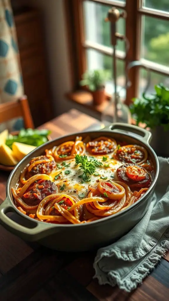 A delicious casserole dish featuring layers of noodles, ground beef, caramelized onions, and melted Gruyère cheese.