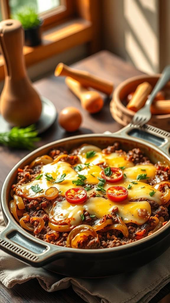 A delicious French Onion Hamburger Casserole topped with melted Swiss cheese and garnished with parsley.