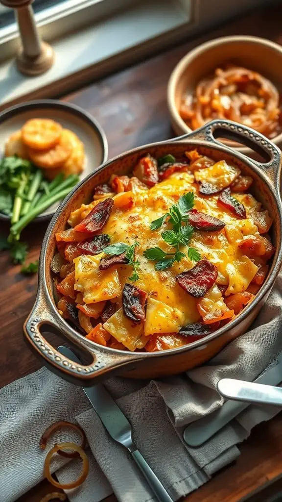 Delicious French Onion Hashbrown Casserole topped with cheese and garnished with herbs