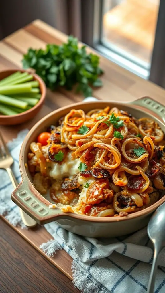 A delicious French Onion Tuna Casserole topped with crispy onions and melted cheese