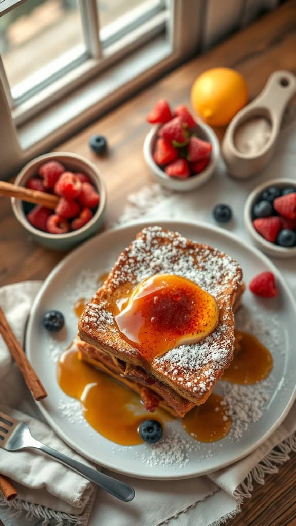 Delicious French toast casserole topped with syrup and fresh berries on a plate