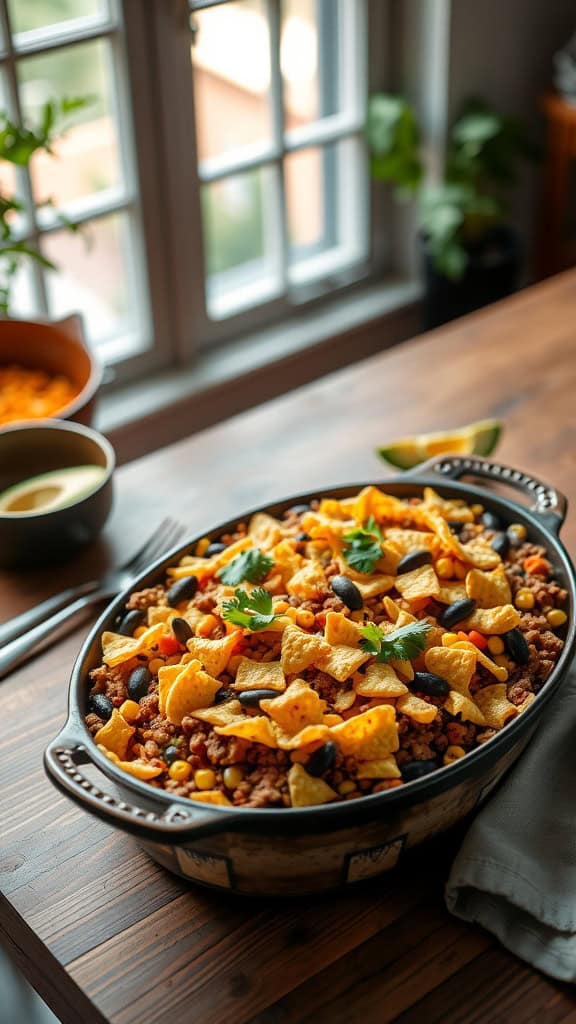 A delicious Frito Taco Casserole topped with crushed Fritos and garnished with cilantro.