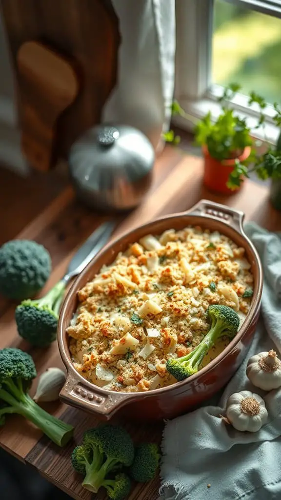 A delicious Garlic-Parmesan Broccoli Casserole with a golden topping