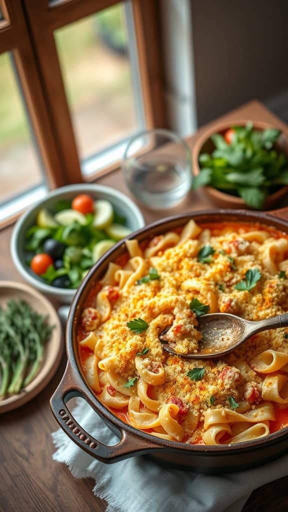 Garlic-Parmesan Tuna Noodle Casserole in a baking dish, garnished with parsley.