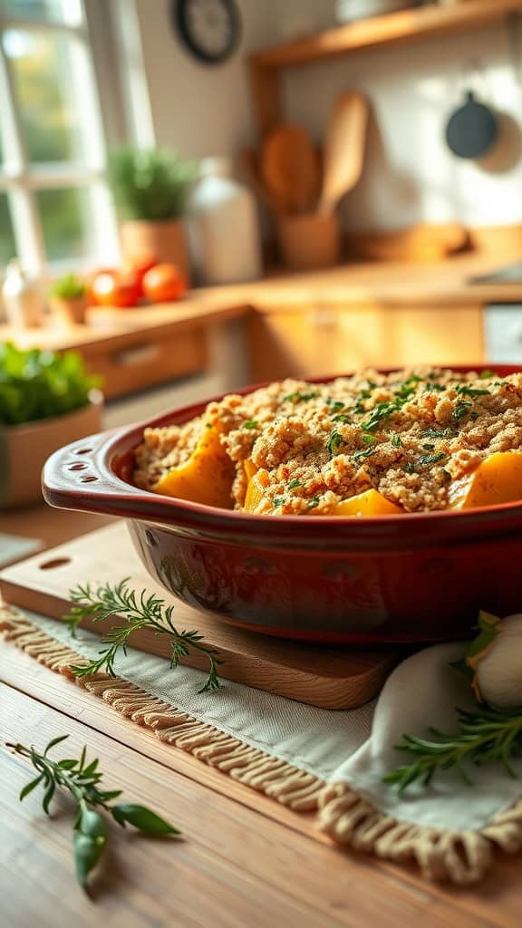 A flavorful garlic and herb squash casserole with golden topping.