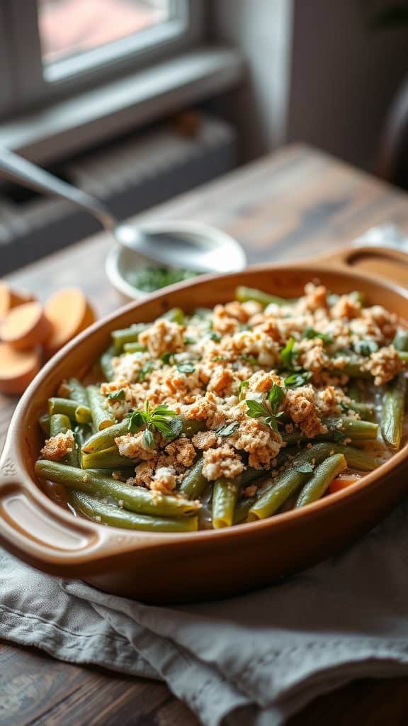 Garlic herb green bean casserole with crispy topping.