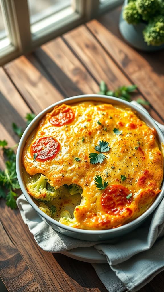 A delicious garlic parmesan broccoli cheese casserole fresh out of the oven.