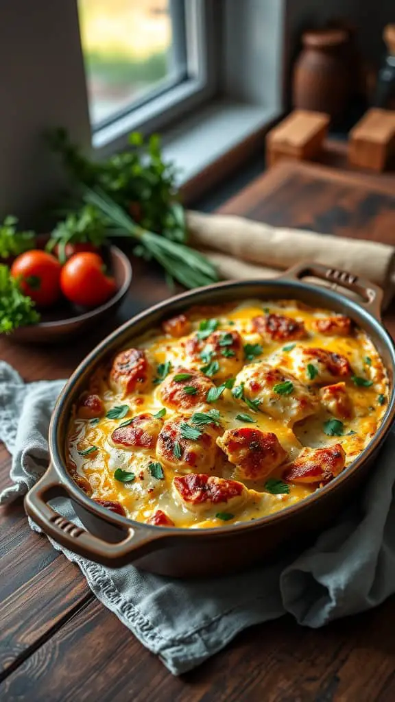 Garlic Parmesan Chicken Cordon Bleu Casserole with herbs on top.