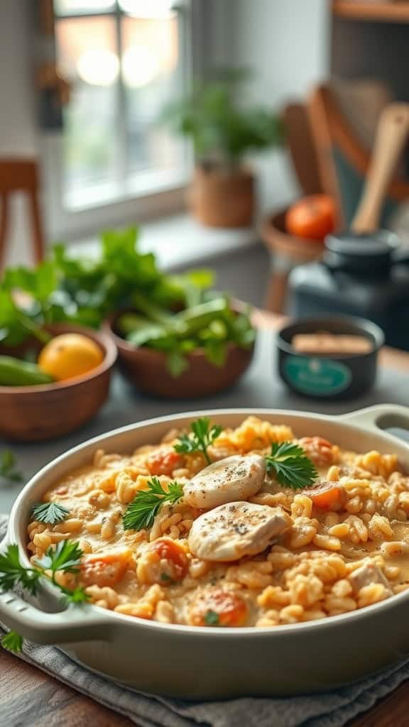 A creamy garlic parmesan chicken rice bake topped with fresh parsley.