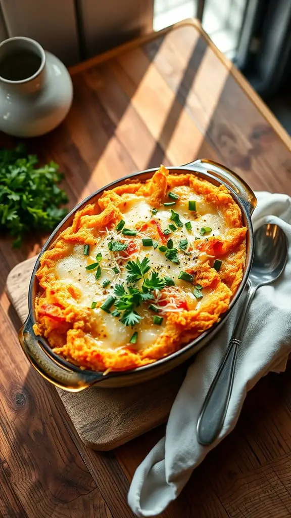 A delicious Garlic Parmesan Hashbrown Casserole topped with melted cheese and garnished with green onions.