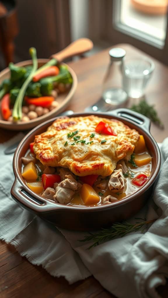 A hearty gluten-free chicken pot pie casserole served with colorful vegetables on the side.