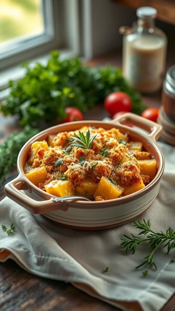 A delicious gluten-free squash casserole topped with breadcrumbs and cheese, served in a baking dish.